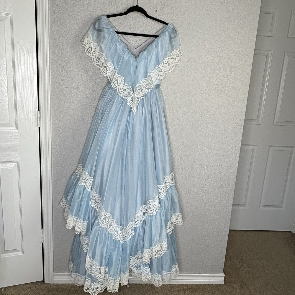 Vintage 70s Prairie Maxi Dress Gown Chiffon Lace Ruffles Light Blue Size XS - Picture 3 of 12
